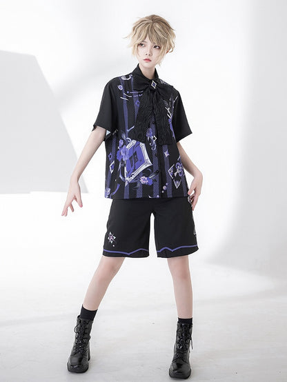 王子ファッションの蝶ネクタイ、マジシャンプリントのローズサマーシャツ、ポーカー