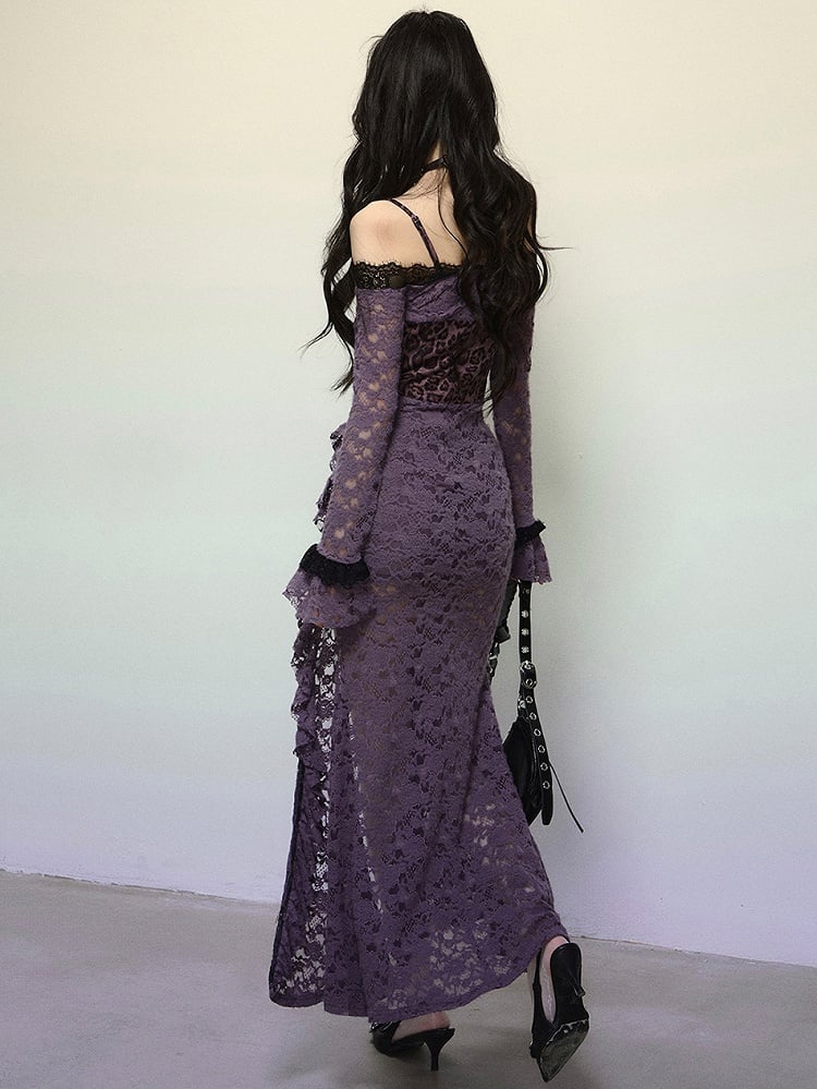 Robe de soirée en dentelle à épaules dénudées et corsage corset léopard violet, ourlet à volants et fente haute