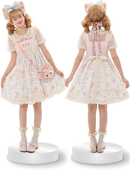 Süßes Lolita-Kleid, Pullover, rosa Flatterärmel, Rock mit Kätzchen- und Kuchen-Print