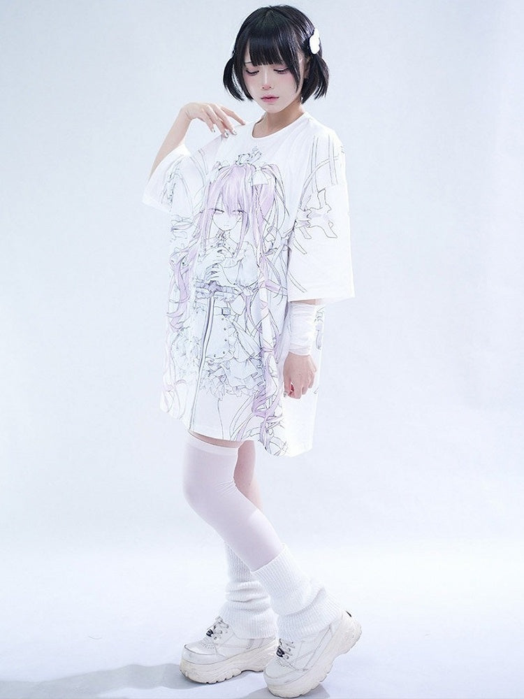 Oversized White Anime Girl Print T-Shirt - Tribuo Flos