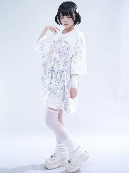 Oversized White Anime Girl Print T-Shirt - Tribuo Flos