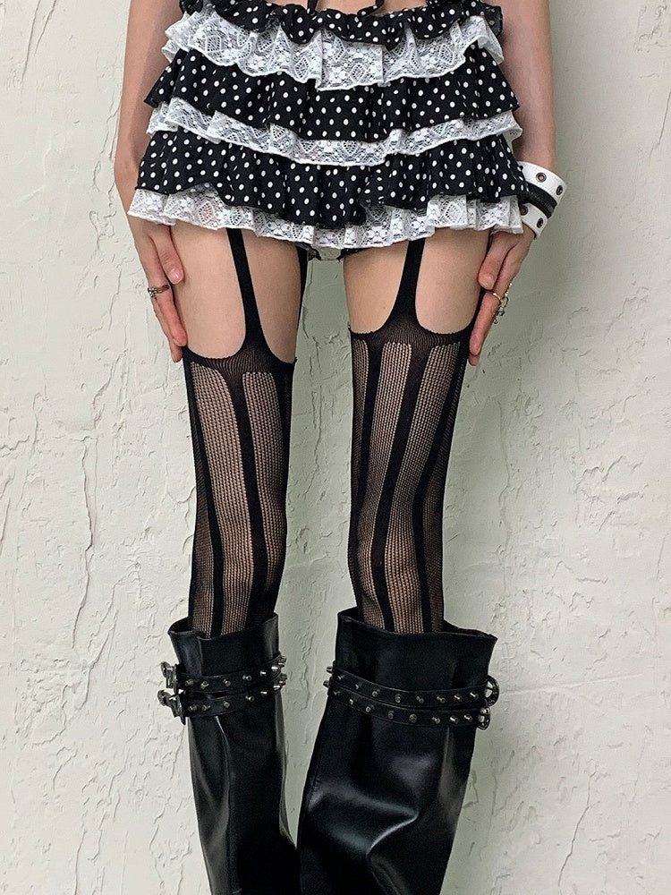 Tights Pattern Y2K White/Black Striped Suspender Fishnet