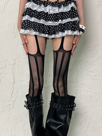 Tights Pattern Y2K White/Black Striped Suspender Fishnet