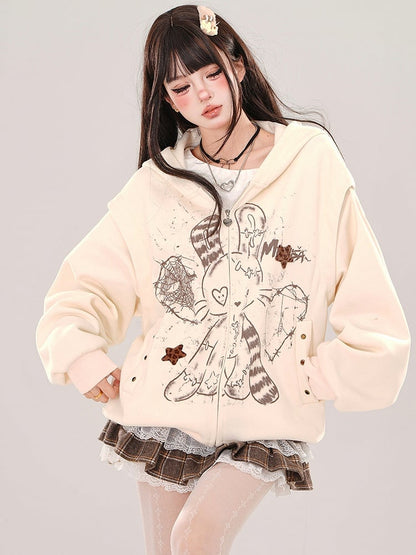 Apricot Rabbit Bear Ears Loose Zip Hoodie