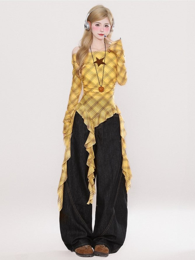 Side with Blue Wide-Leg Jeans Plaid Dark Pockets Patch