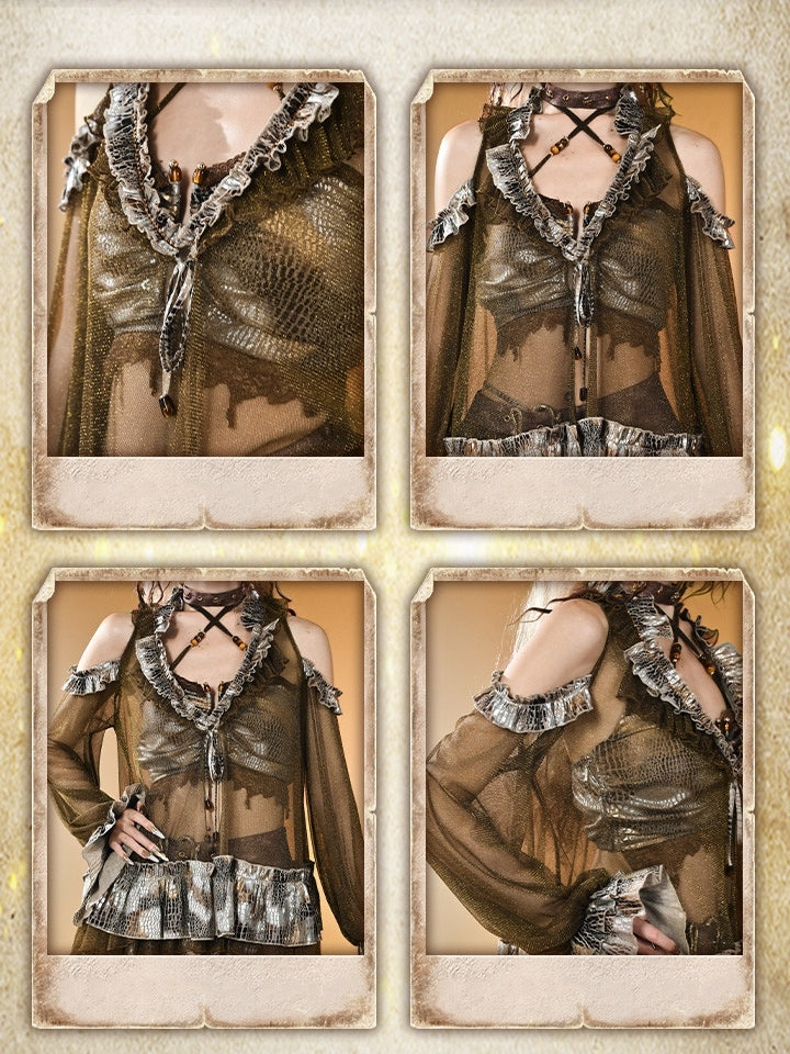 Shoulder Brown V-neck Wasteland Punk Sleeves Dark Top Design Long Cutout Semi-sheer