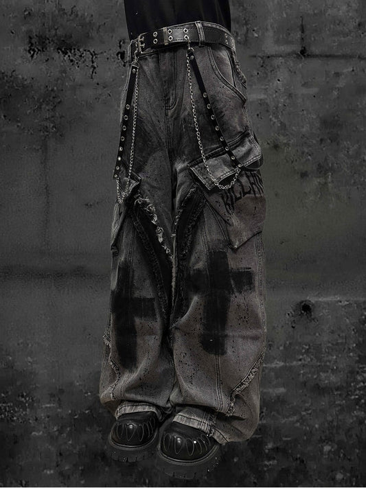 Raw Cross with Wide-Leg Grey Detailing Wasteland Hem Jeans Punk Y2K