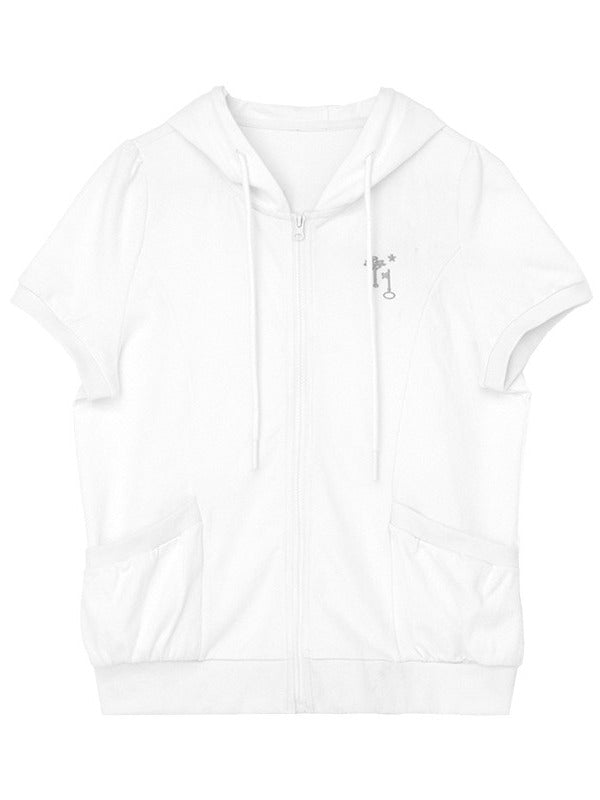 White Vintage Y2K Hooded Short Sleeve Jacket with Key Embroidery - innomoood