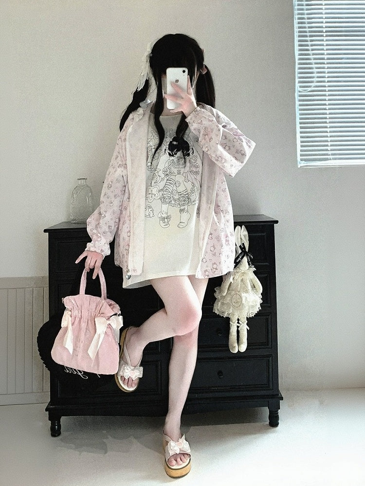 Bunny Print Hooded UV Protection Jacket, Pink & White, Ryousangata - Kitty Bxllet