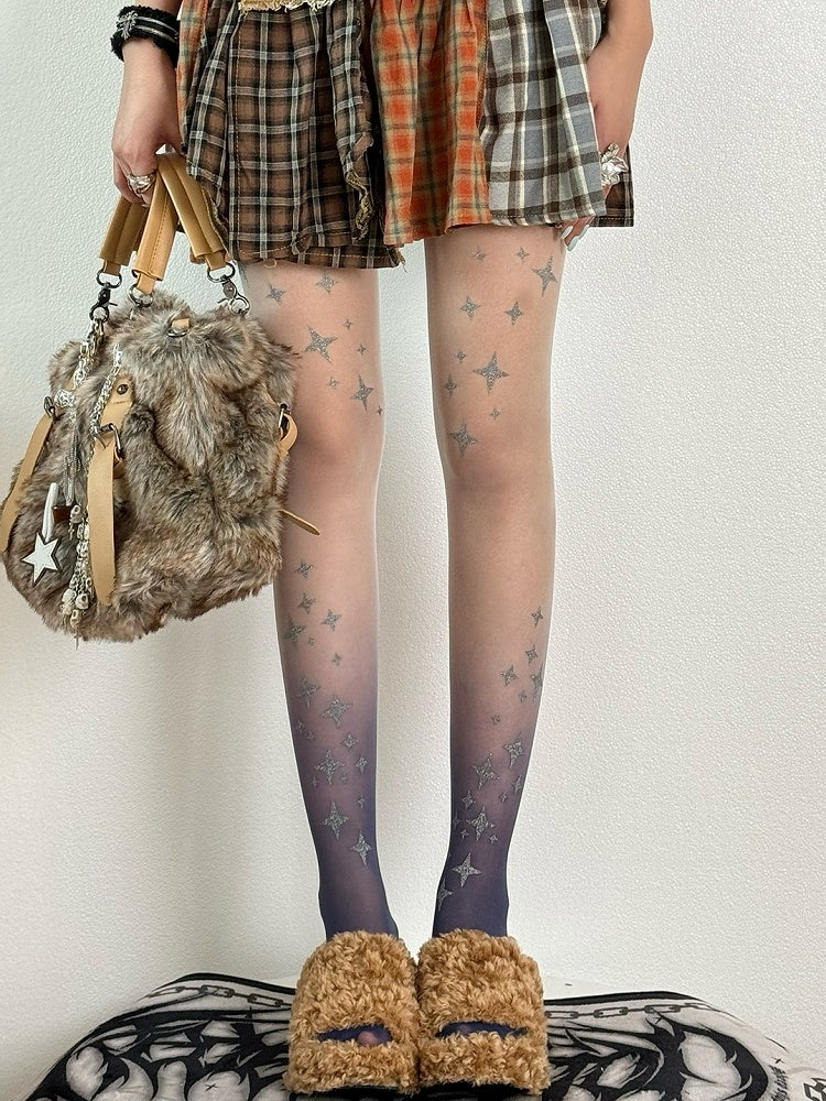 Star Pattern Tights BlackGray/Blue/Pink Color Y2K Ombre