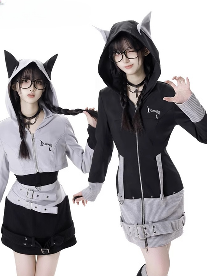 ブラックストラップとデザインフード、カラーブロック、ウルフイヤー、バックル、ジップクロージャー、グレーニット