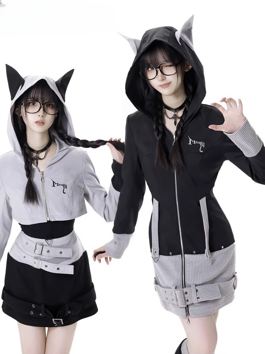 ブラックストラップとデザインフード、カラーブロック、ウルフイヤー、バックル、ジップクロージャー、グレーニット