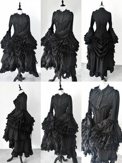 Layered Aristocrat Drawstring High-low Gothic Skirt Black Lolita