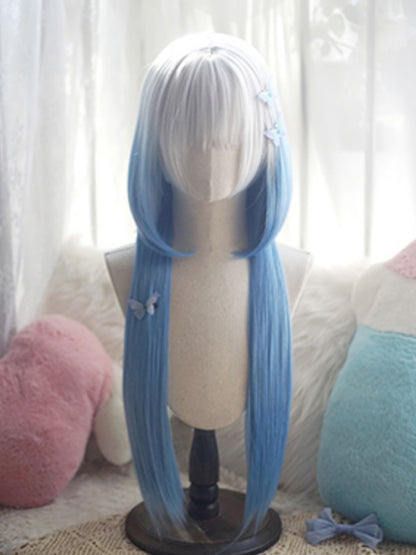 Schwarze/braune/hellblonde/weiß-blaue, hüftlange, glatte Perücke mit vollem Pony