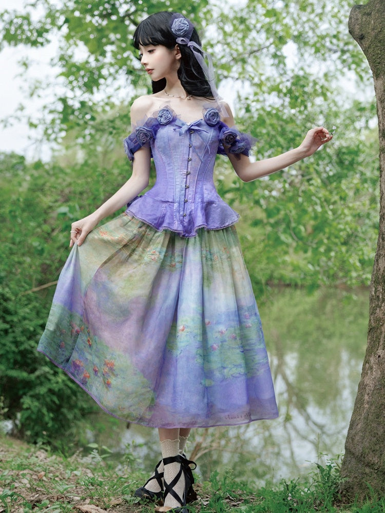 Korsett-Oberteil mit Stäbchen und abnehmbaren Blumenverzierungen, violetter Volantsaum
