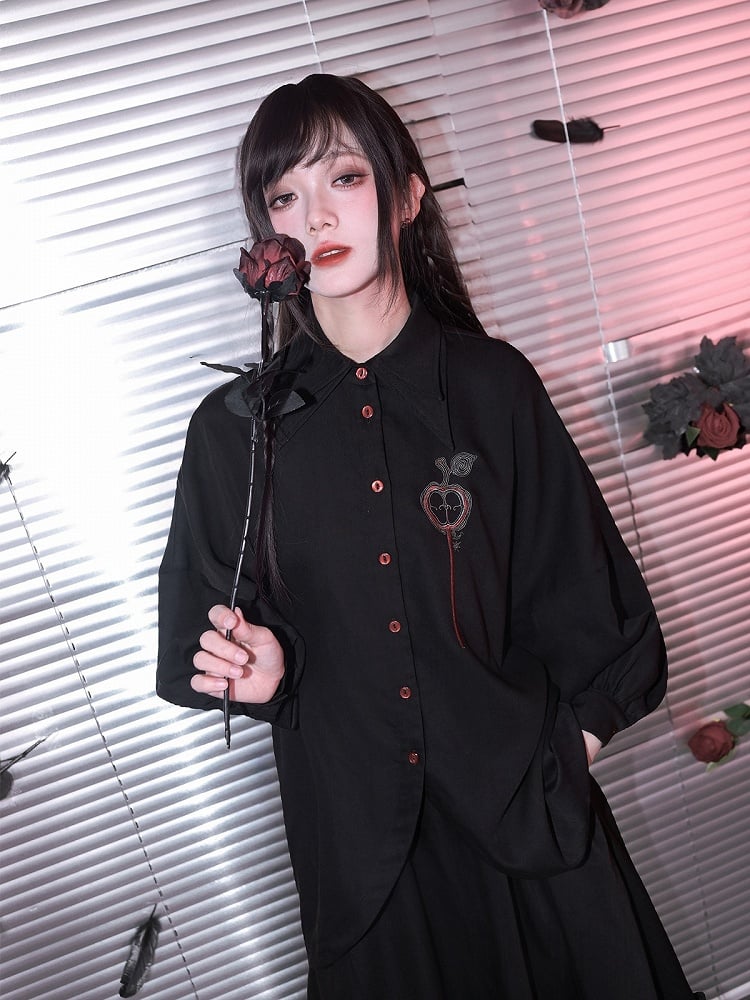 Asymmetrical Black Apple Hem Embroidery Sleeve Long With Shirt Curved Gothic