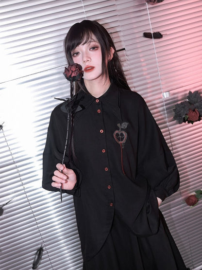 Asymmetrical Black Apple Hem Embroidery Sleeve Long With Shirt Curved Gothic