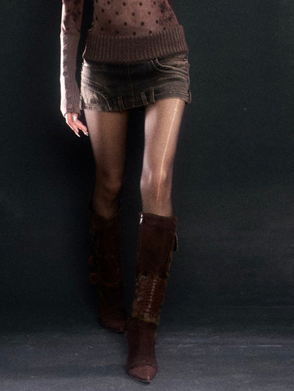 Built-in Elastic with Waist Detail Shorts Denim Zipper Low Brown Skirt Dark