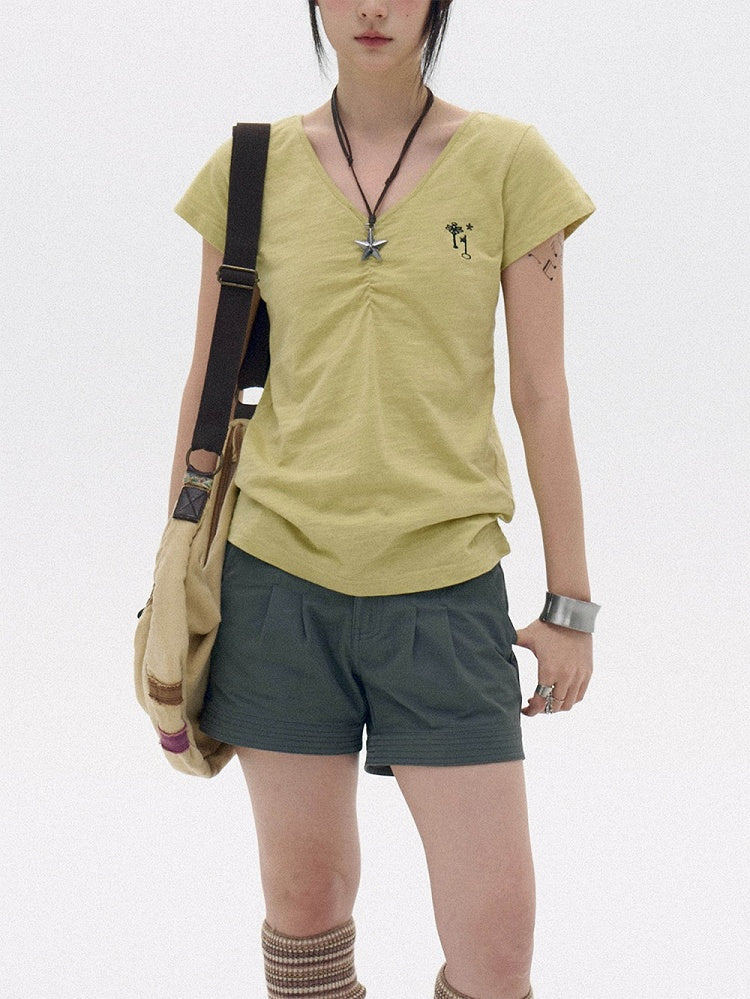 Light Green Cotton V-Neck Tee with Key Embroidery - innomoood