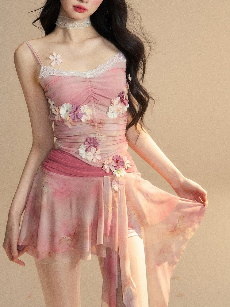 Top/Cherry Blossom Print Asymmetrical Hem Shorts Pink Cherry Blossom Embellished Cami