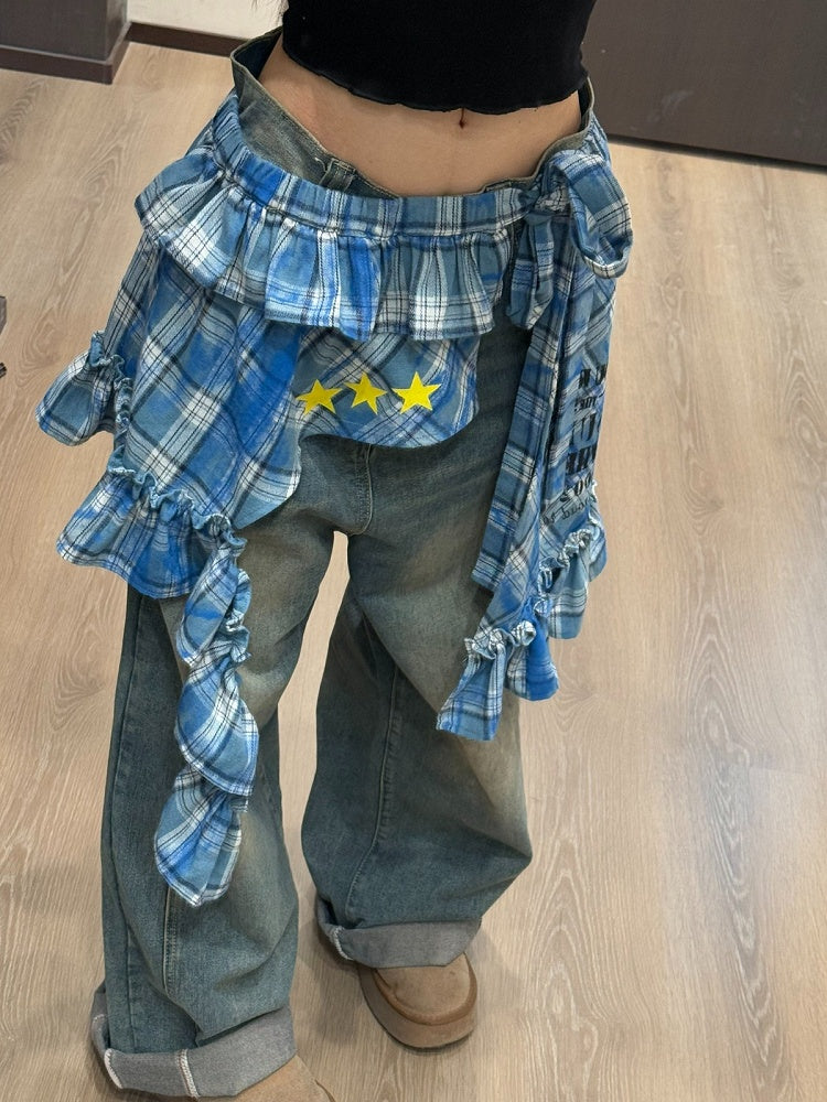 Flounce Pattern Blue Embellishments Apron Star with Retro Hem Skirt Self-tie and Plaid