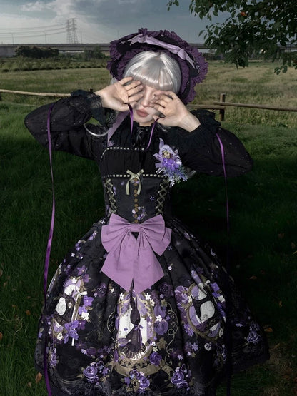 Print Jumper Purple Lolita and Black Jacquard Floral Bunny Dress Skirt