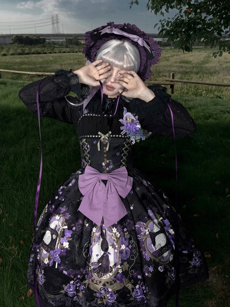 Black Print Purple and Lolita Floral Bonnet