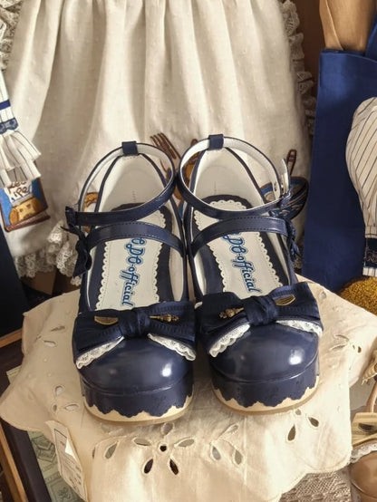 Blue Trim Striped Platforms Lace Top PU Lolita Scalloped Bow Hem with - Navy