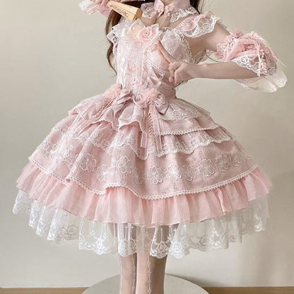 Flower Frog Waist Layered Chinoiserie Bows with Corset Pink Button Dress Lolita