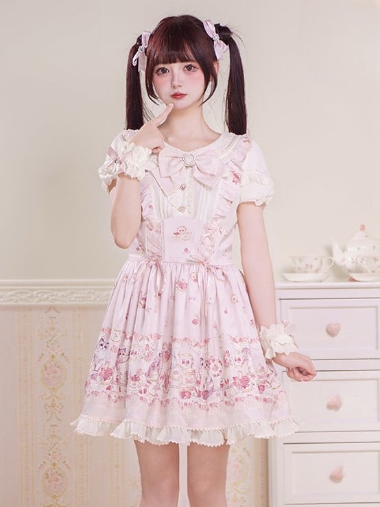 Lace-up Design Sweet Pleating Kei Details Print Pink Cat Jirai