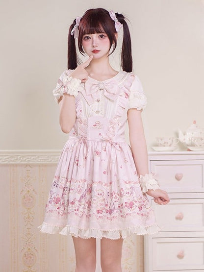 Lace-up Design Sweet Pleating Kei Details Print Pink Cat Jirai