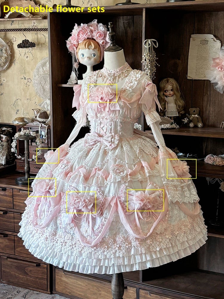 Rose Hanayome Lolita Hime Gown with Detachable Sleeves, Flower Bows and Pearl Chains - sedef