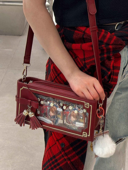 赤いフリンジと花柄ワインPU柄バッグスタイルアクセントのリボンチャイナドレスイタ