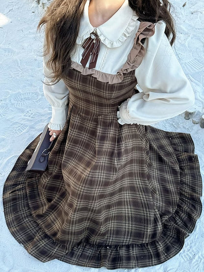 Plus Size Brown Peter Pan Collar Long Sleeves Plaid Flounce Hem Dress