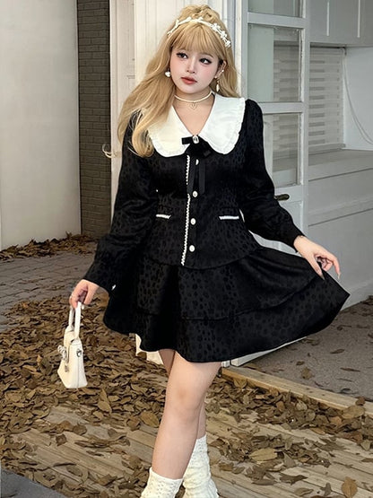 プラスサイズ ブラック ピーターパンカラー ジャカード ブラウス