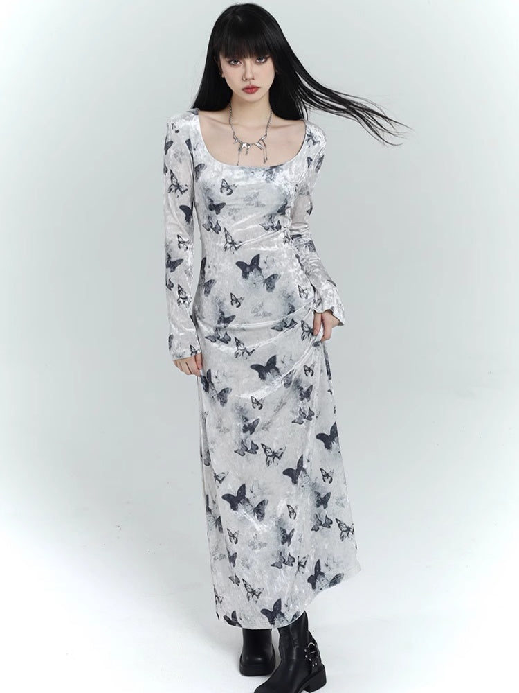 White Velvet Butterfly Print Slim-fitting Dress