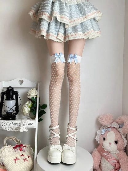 Lolita Style Over-the-Knee Accent Fishnet Bow Stockings