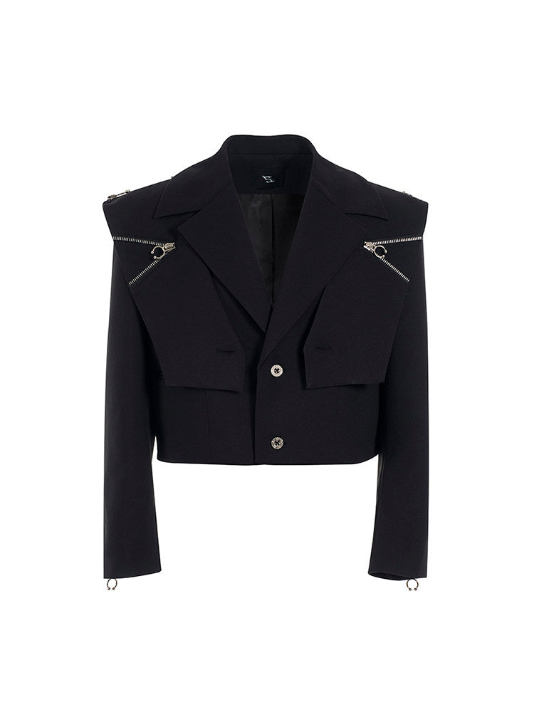 Two-piece Notched with Black Detachable Cape， Details Shoulder Unisex Zip Short Collar Jacket
