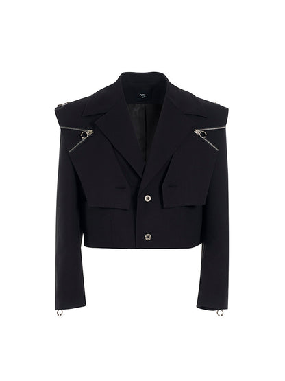 Two-piece Notched with Black Detachable Cape， Details Shoulder Unisex Zip Short Collar Jacket
