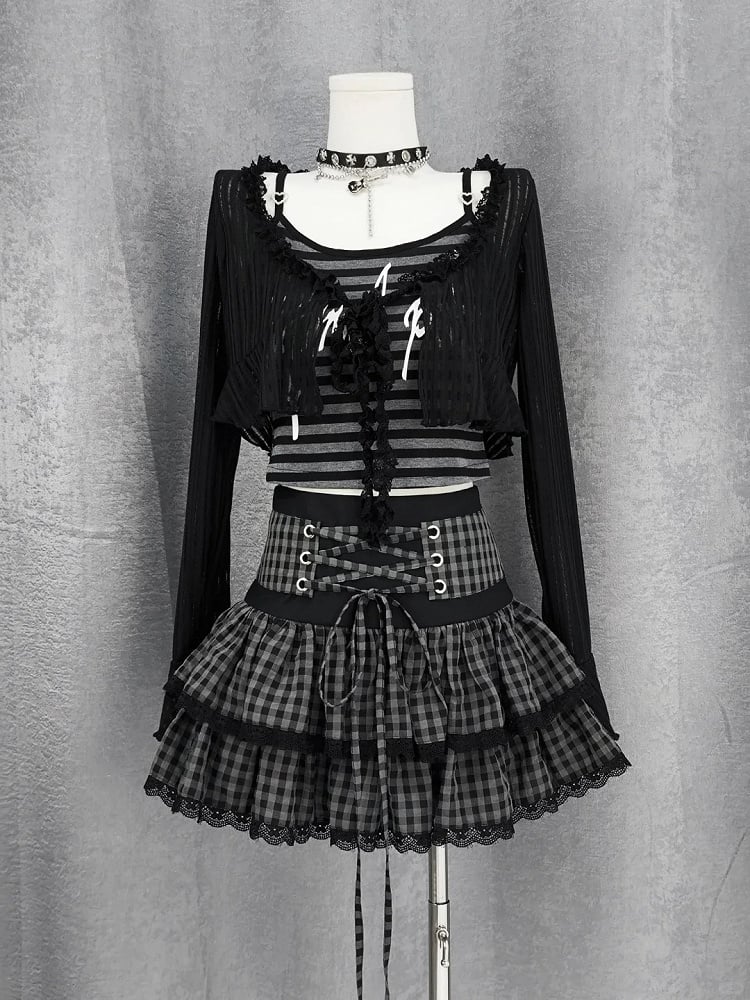 Black and Gray Plaid Lace-up Waist Tiered Skirt