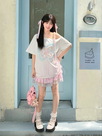 Sequins Decorated Lace-up White Asymmetrical Neckline T-shirt Detail Butterfly