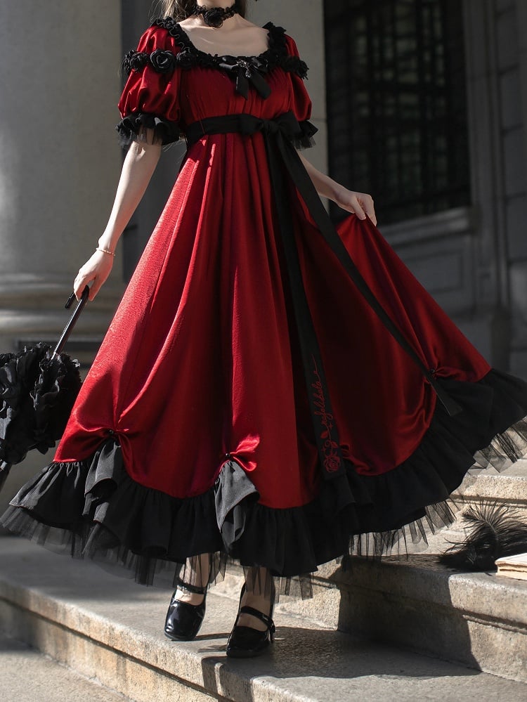 レッドエンパイアウエストマキシドレス ビーズディテール エレガントロリータ