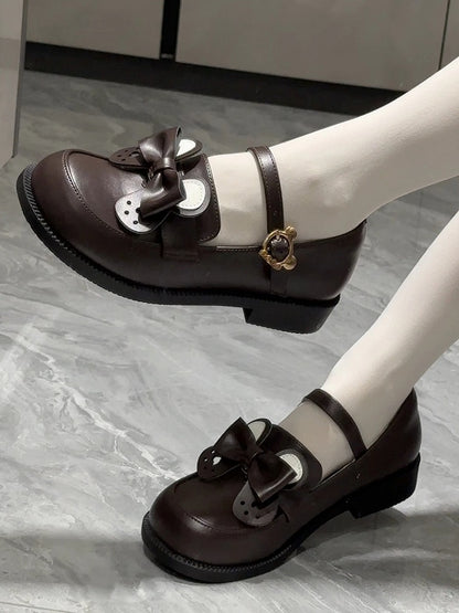Bow Brown Matte Bear-shaped Shoes and Removable Bear Preppy Ear PU Style in Low-heel Leather Fastener