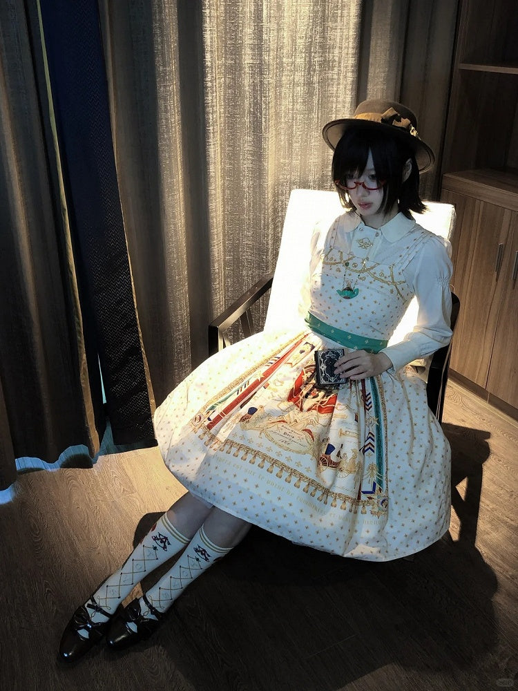 White Musical Print Elegant Lolita Jumper Skirt - Crucis Universal Tailor Company