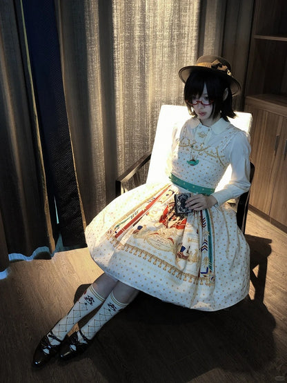 White Musical Print Elegant Lolita Jumper Skirt - Crucis Universal Tailor Company