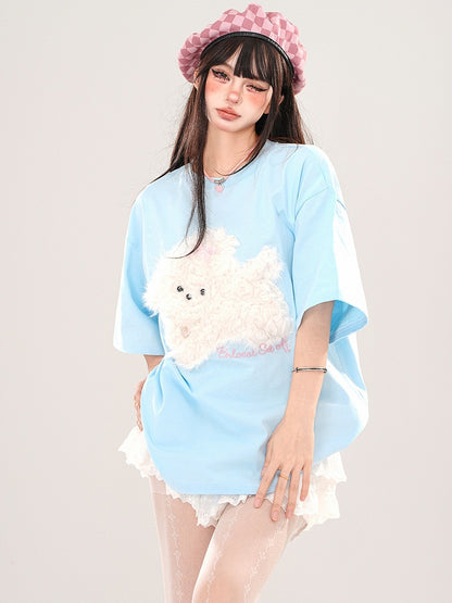 Blue/Grey/Black Plush Puppy Applique Loose T-shirt