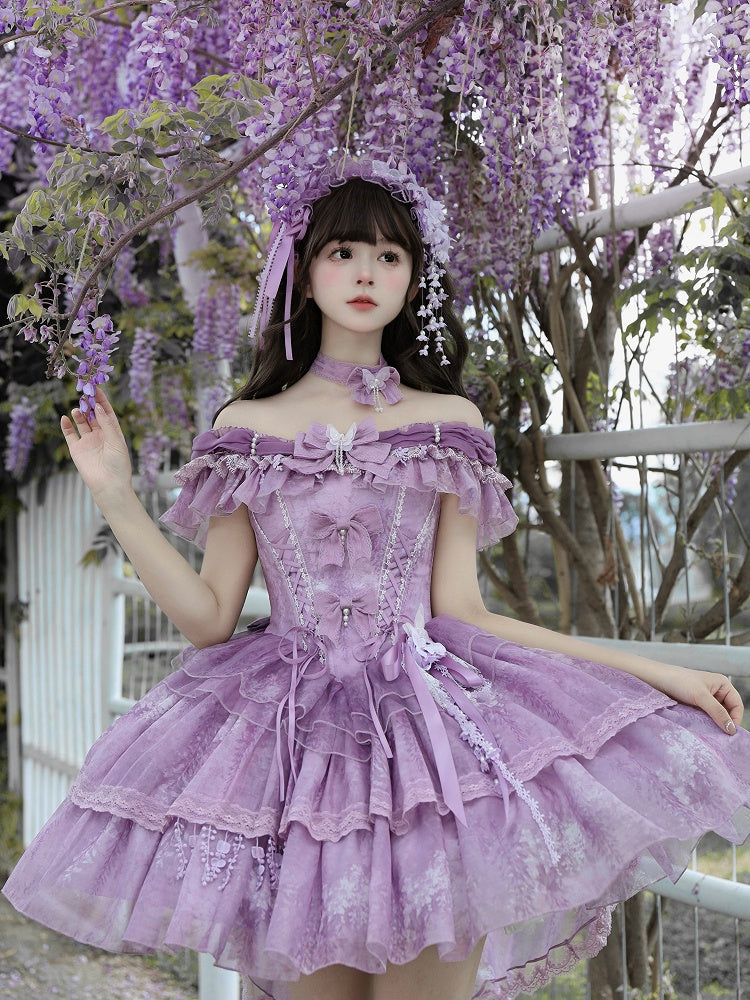 Fairy Lolita Taillenschleppe Balletcore Kleid Großes Korsett Glyzinien Tüllschleife mit Print Lila