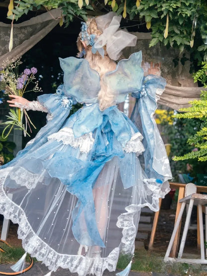 Volles Prinzessinnen-Blumen-Schmetterlings-Set-Design, blaues JSK Fairycore-Lolita-Kleid