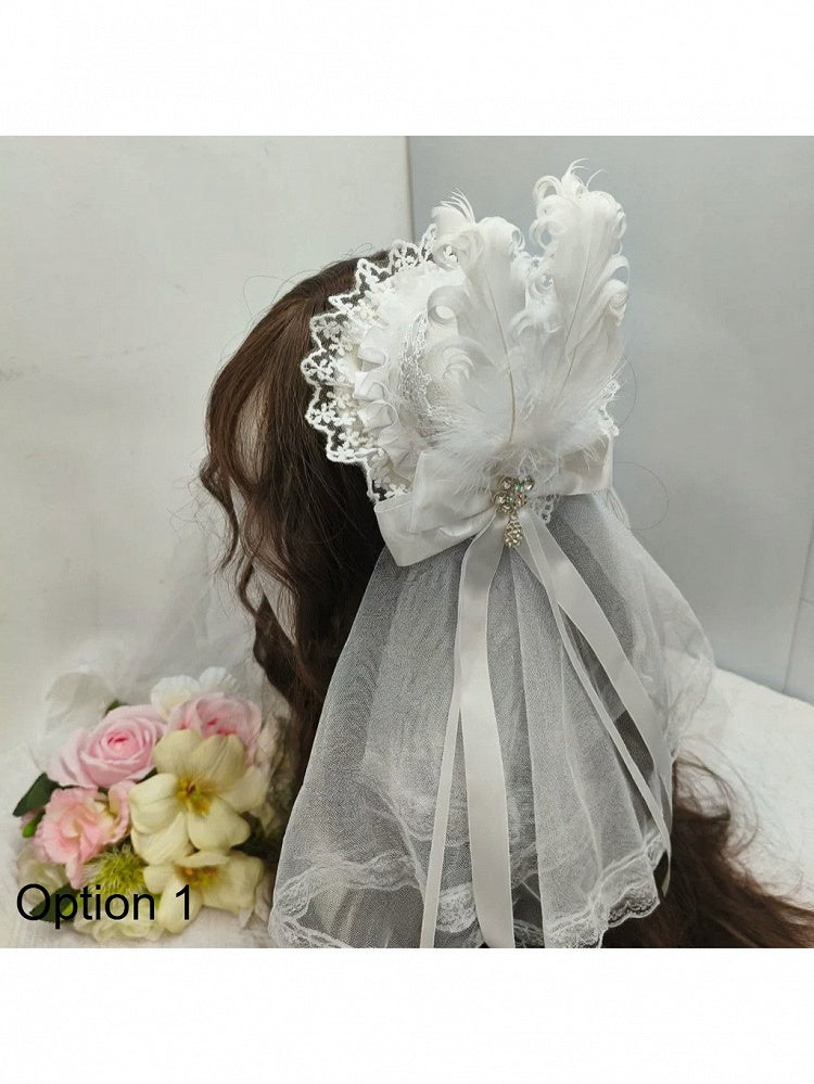 Kawaii White Feather Lolita Mini Hat with Lace Design - Ye Cheng Hair Accessory