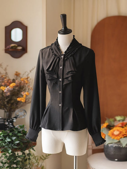 Black Elegant Vintage Blouse Jabot Sleeves Collar Long